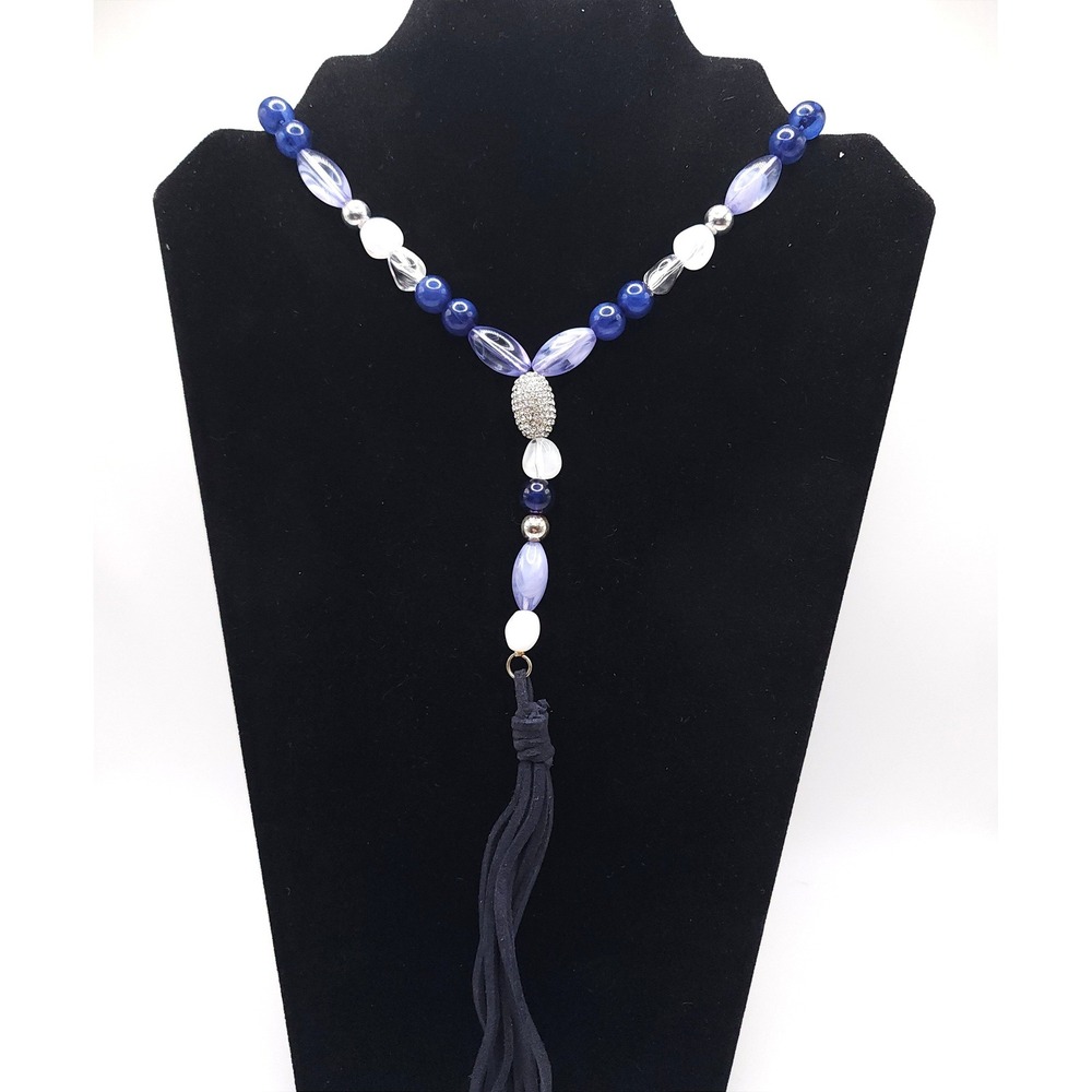 INC International Concepts Beaded Faux Suede Tassel Y-Necklace Blue Purple 32"